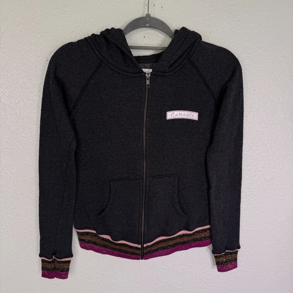Spiritual Gangster Jacket Girls 10 Namaste Fleece Zip Hoodie Striped Hem Gray